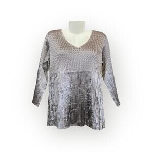 Charlie Paige Women's Silvery/Gray Crinkle V-Neck 3/4 Sleeve Blouse | Size L/XL